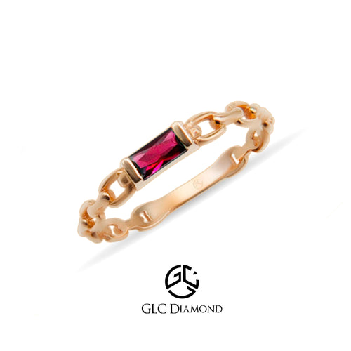 14K Gold Baguette Cut Diamond Ruby Curb Chain Ring