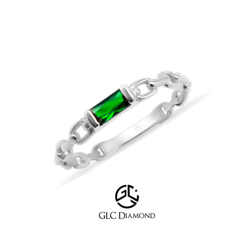 14K Gold Baguette Cut Diamond Emerald Curb Chain Ring