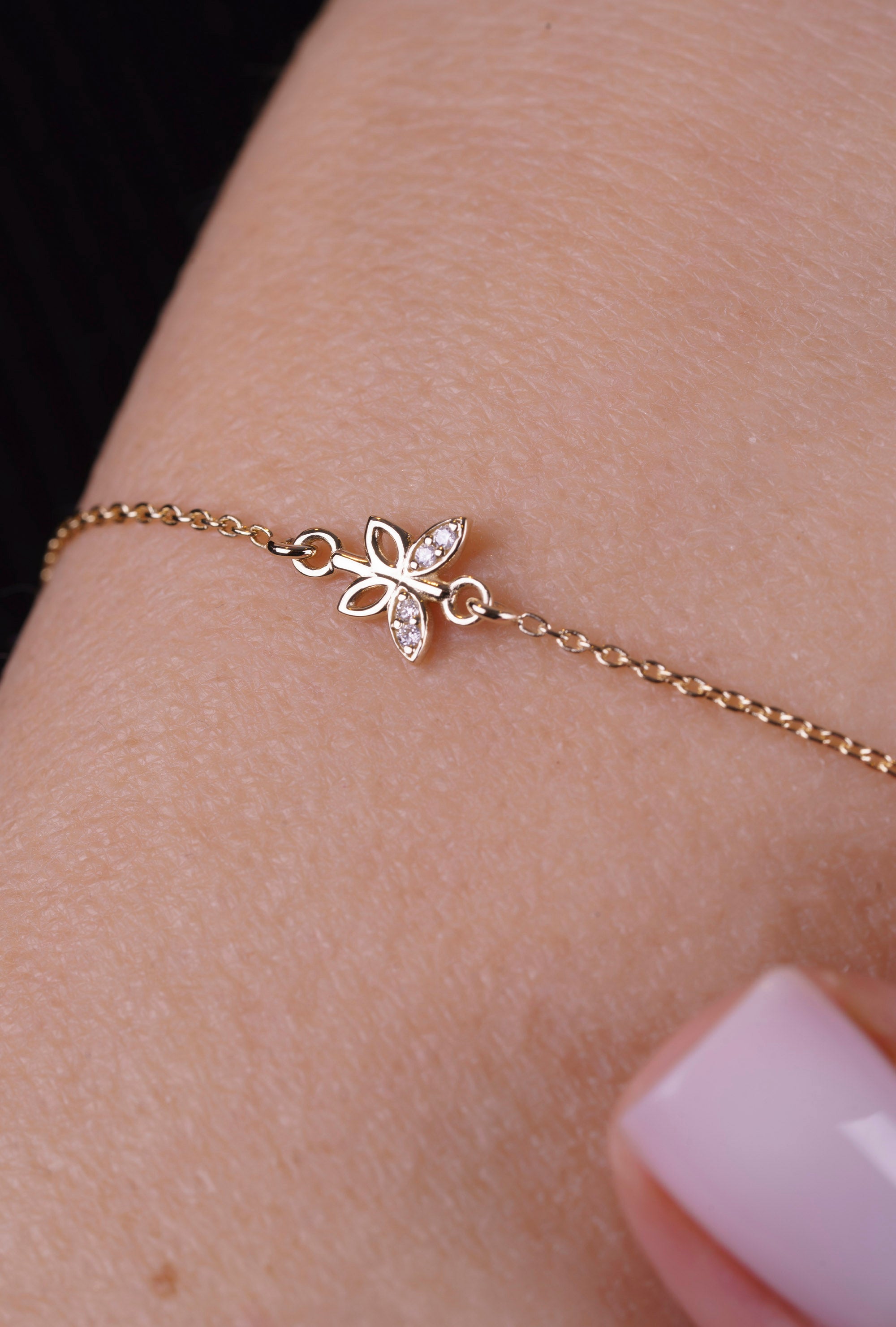 14K Gold Butterfly Bracelet / Diamond Butterfly Charm Bracelet