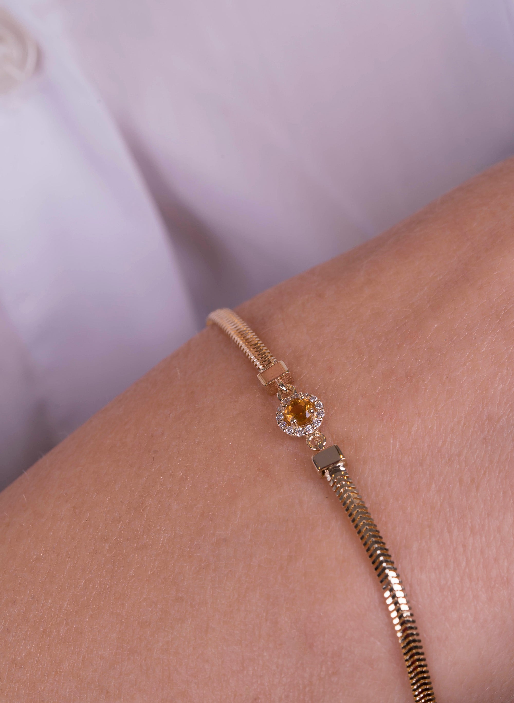 14K Gold Round Citrine Bracelet / Yellow Gemstone Bracelet