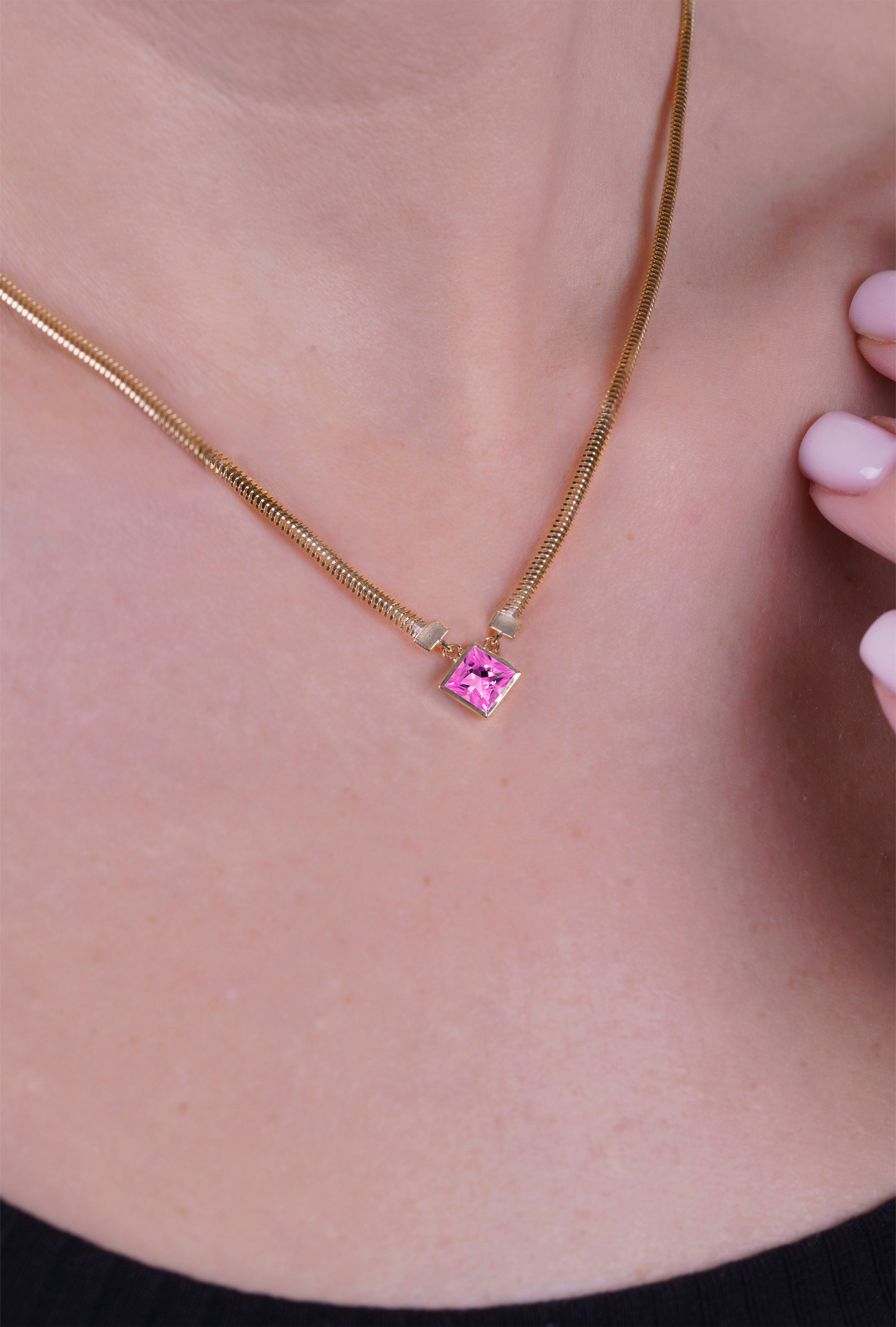14K Gold Princess Cut Pink Sapphire Pendant, Anniversary Gift
