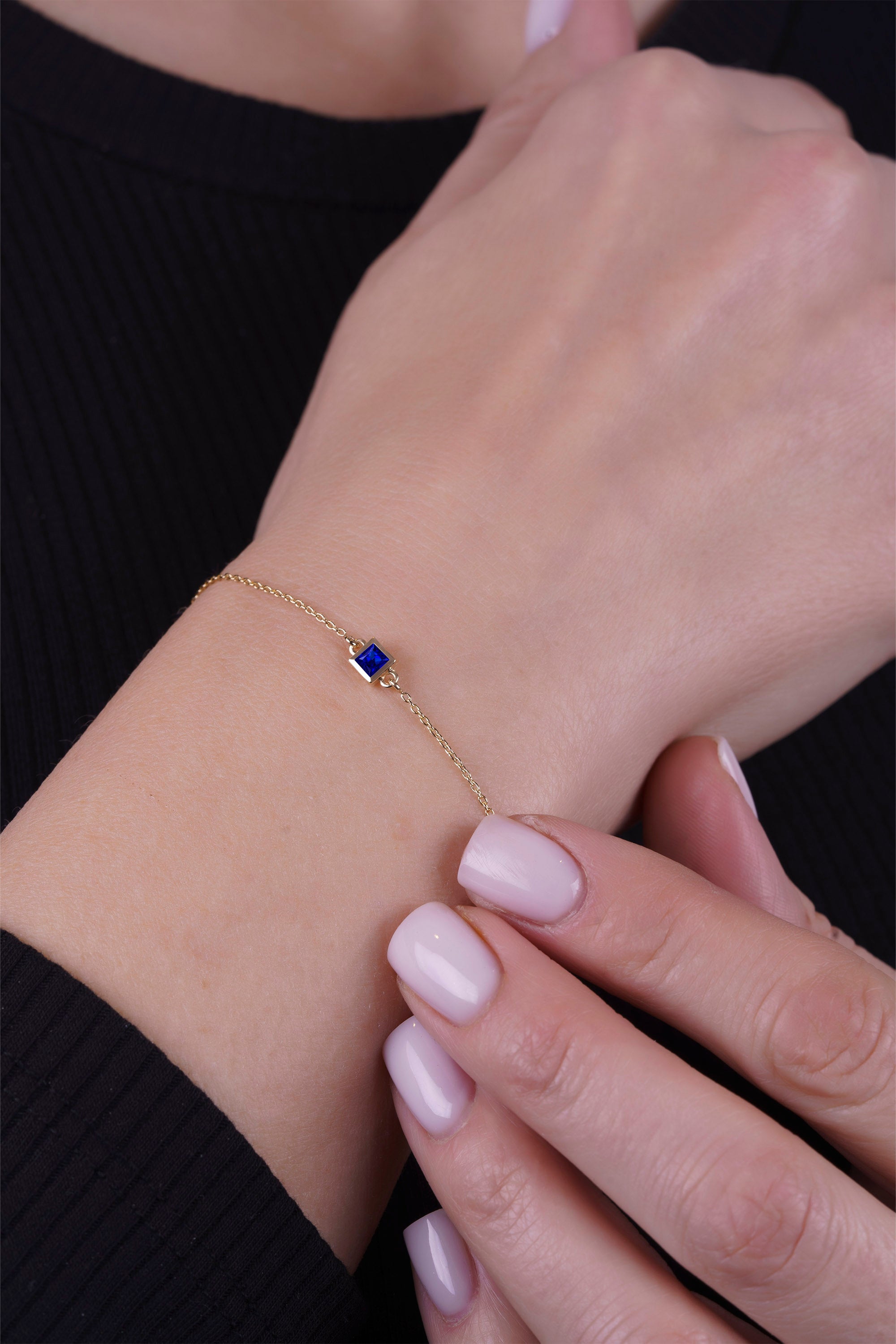 14K Gold Princess Cut Sapphire Bracelet, Birthday Gift