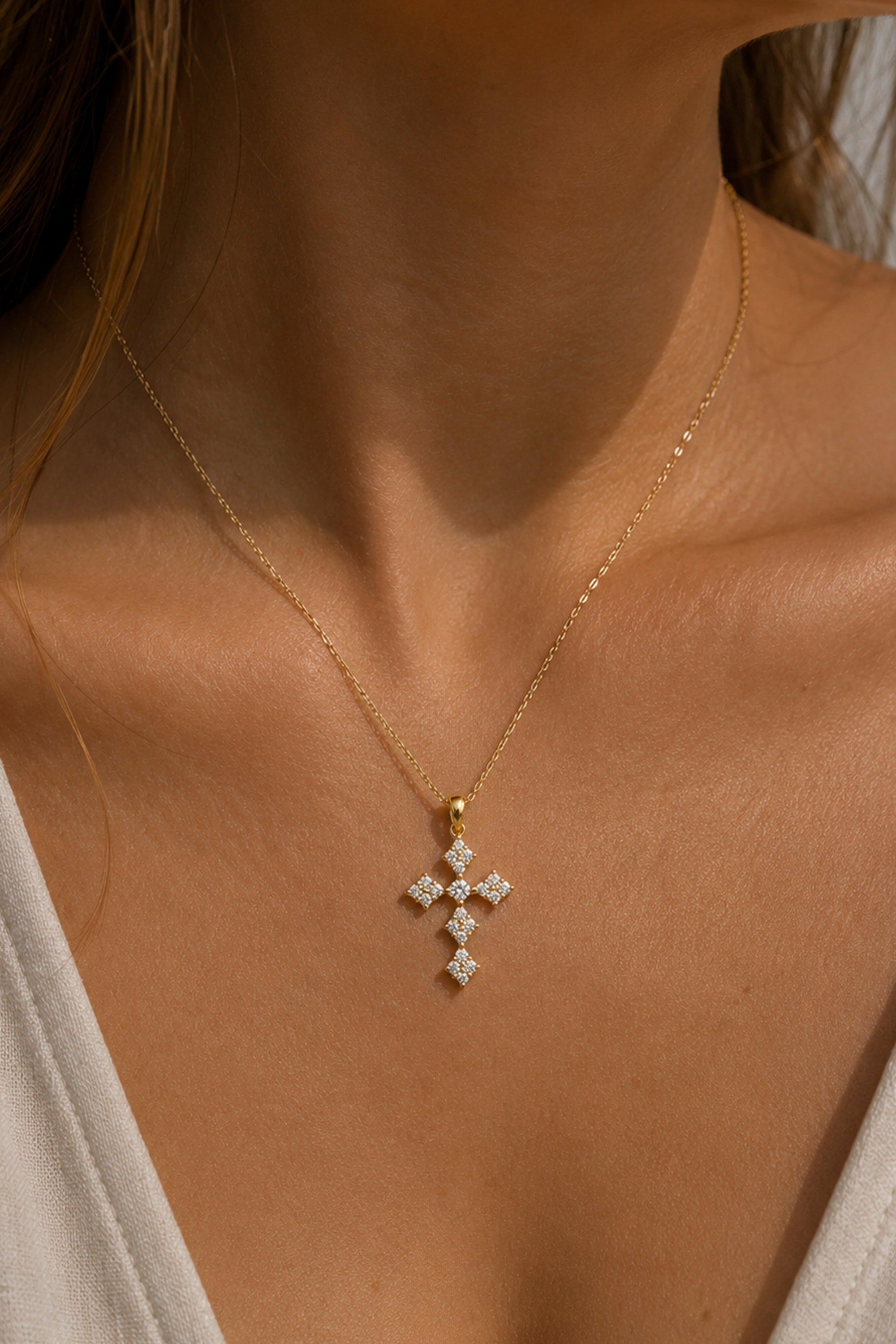 14K Gold Diamond Cross Necklace / Dainty Christian Cross Pendant