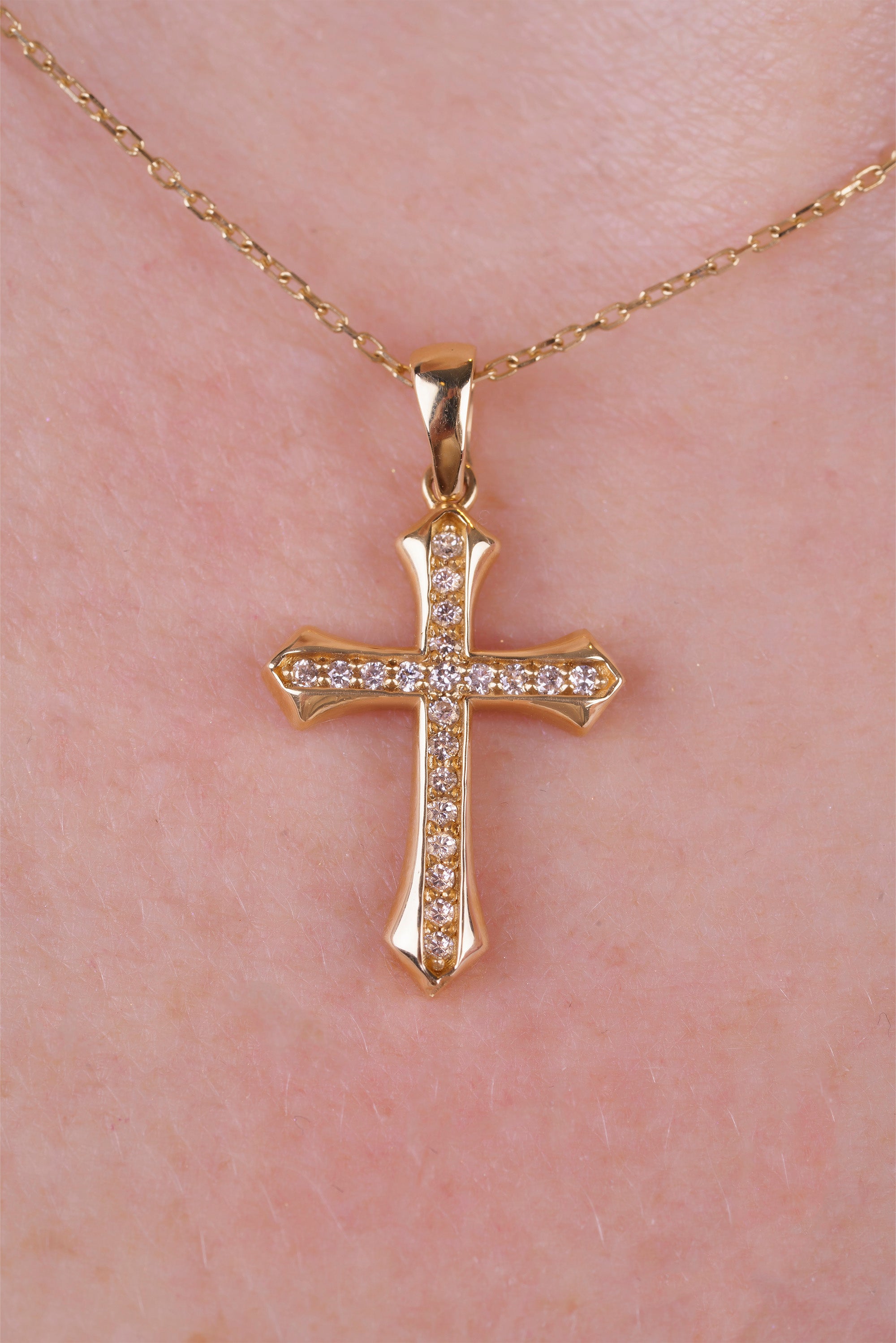 14K Gold Diamond Cross Necklace / Vintage Style Christian Pendant