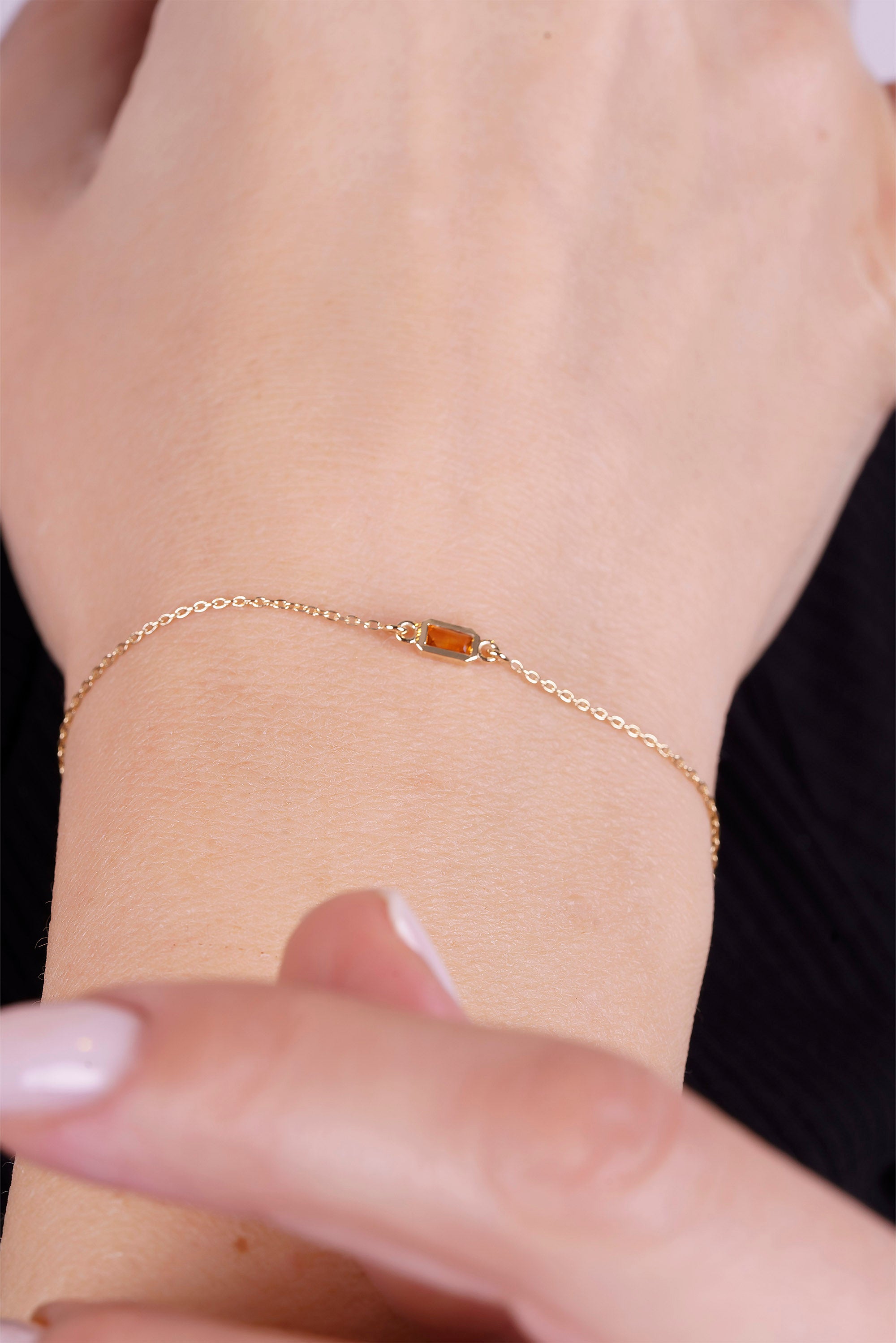 Natural Citrine Gold Bracelet, Handmade Baguette Bracelet