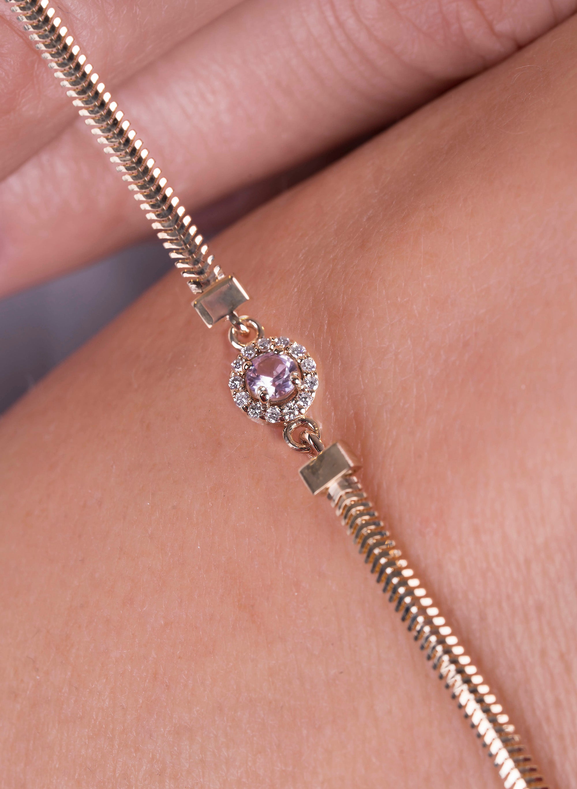 14K Gold Round Pink Sapphire Diamond Bracelet / Everyday Pink Bracelet