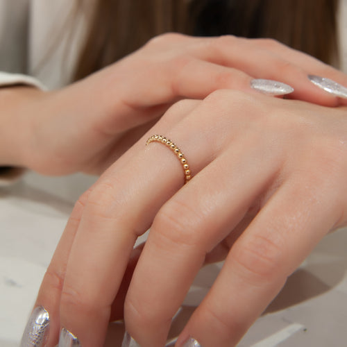 14K Gold Beaded Ring, Dainty Minimalist Stacking Ring