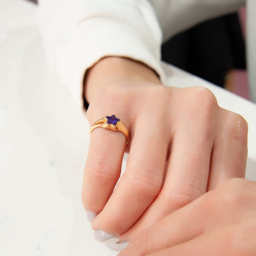 14K Solid Amethyst Gold Star Ring