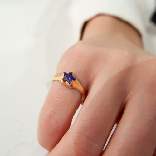 14K Solid Amethyst Gold Star Ring