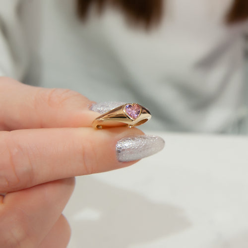 14K Yellow Gold Pink Heart Signet Ring