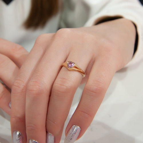 14K Yellow Gold Pink Heart Signet Ring