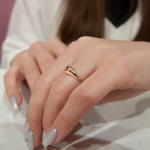 14K Yellow Gold Pink Heart Signet Ring