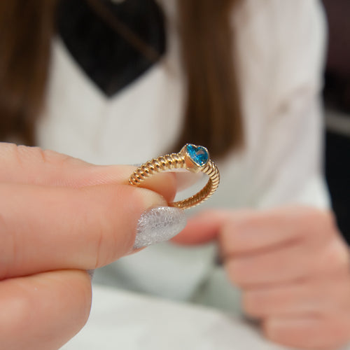 14K Solid Gold Heart Ring with Blue Stone