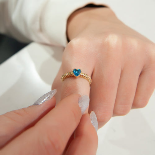 14K Solid Gold Heart Ring with Blue Stone