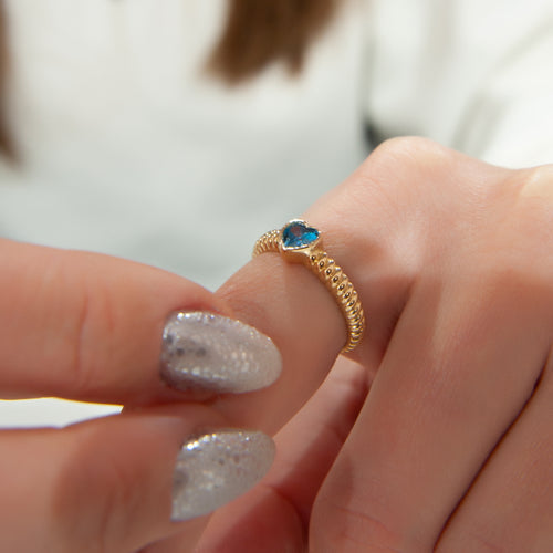 14K Solid Gold Heart Ring with Blue Stone