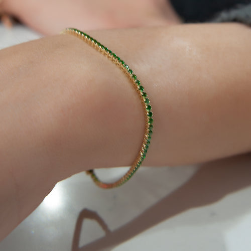 14K Solid Gold Tennis Bracelet, Chain Bracelet, Emerald Color Bracelet