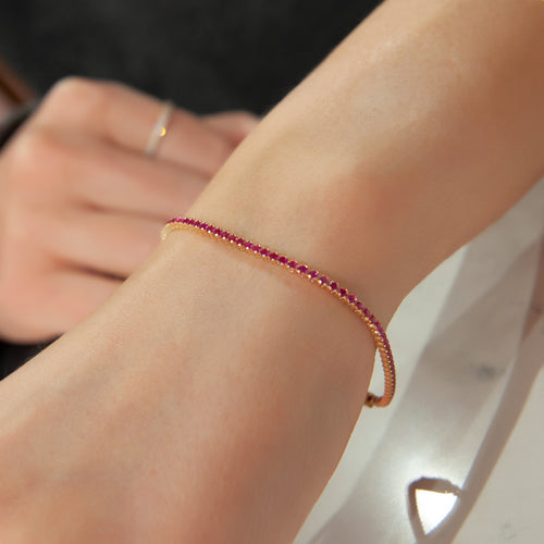 14K Solid Gold Tennis Bracelet, Dainty Waterway Bracelet, Pink Bracelet