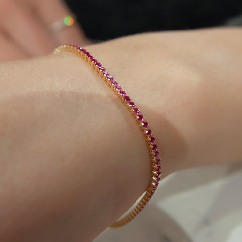 14K Solid Gold Tennis Bracelet, Dainty Waterway Bracelet, Pink Bracelet