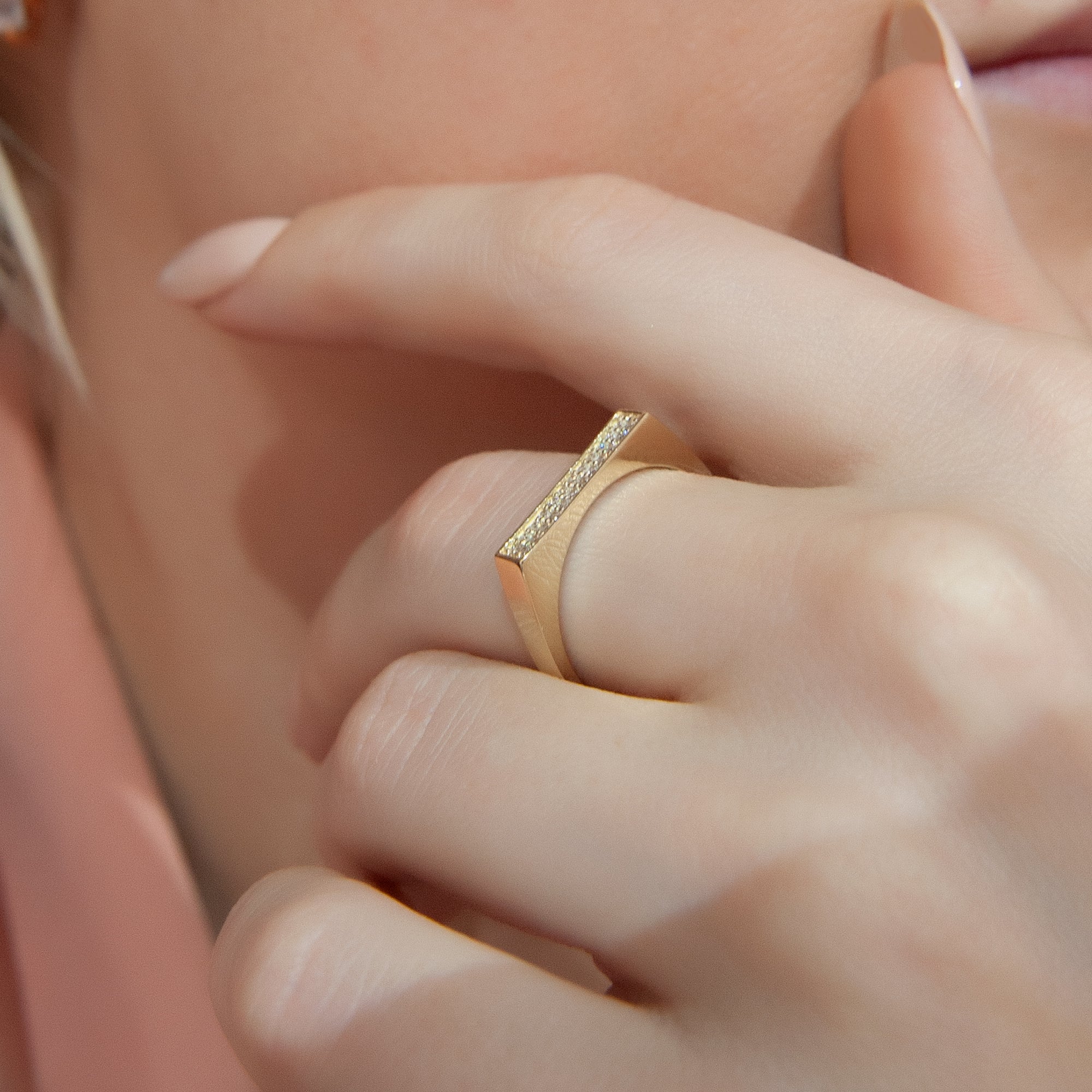 14K Gold Bar Diamond Ring, Pave Diamond Design