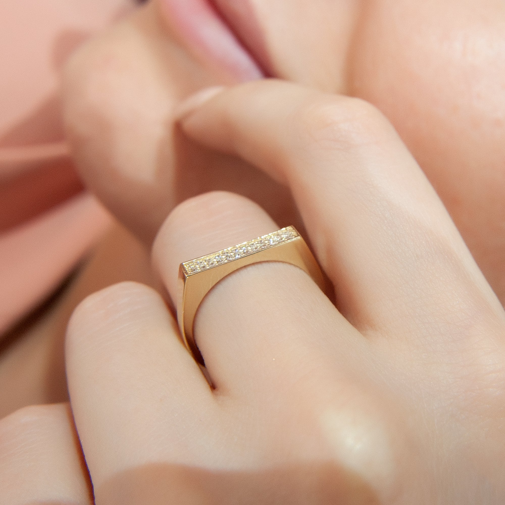 14K Gold Bar Diamond Ring, Pave Diamond Design