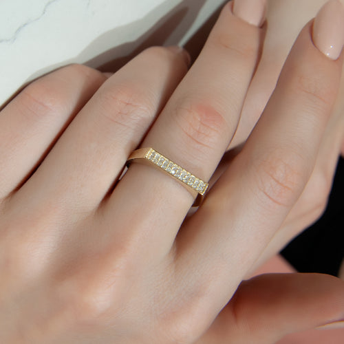 14K Gold Bar Diamond Ring, Modern Flat Band Pave Diamond Design