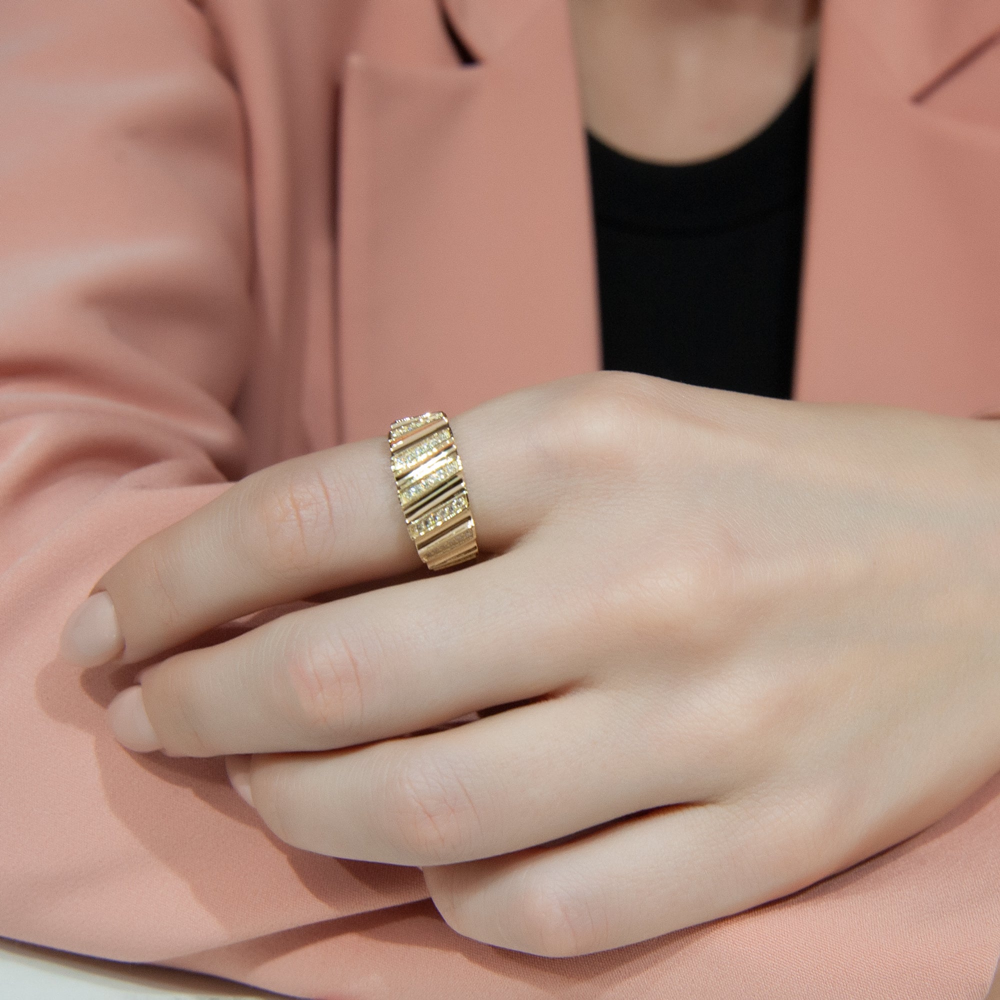 14K Gold Ribbed Diamond Band Ring, Anniversary Gift