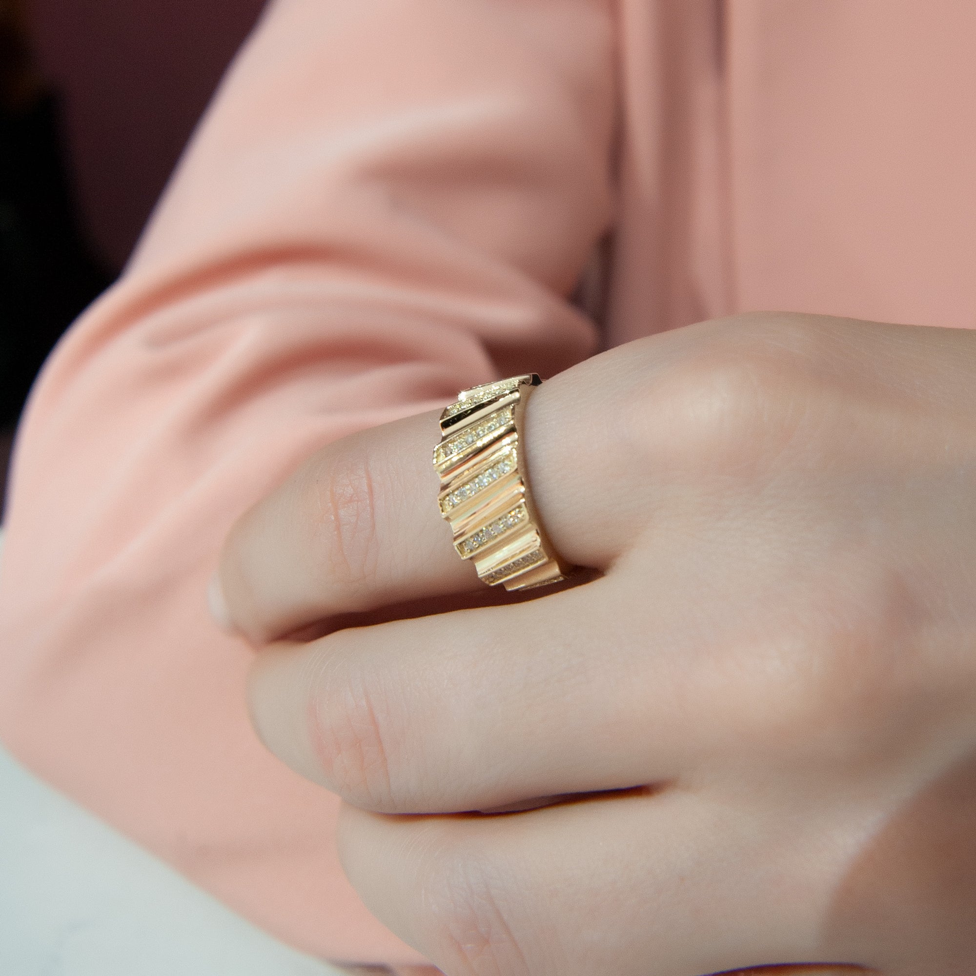 14K Gold Ribbed Diamond Band Ring, Anniversary Gift