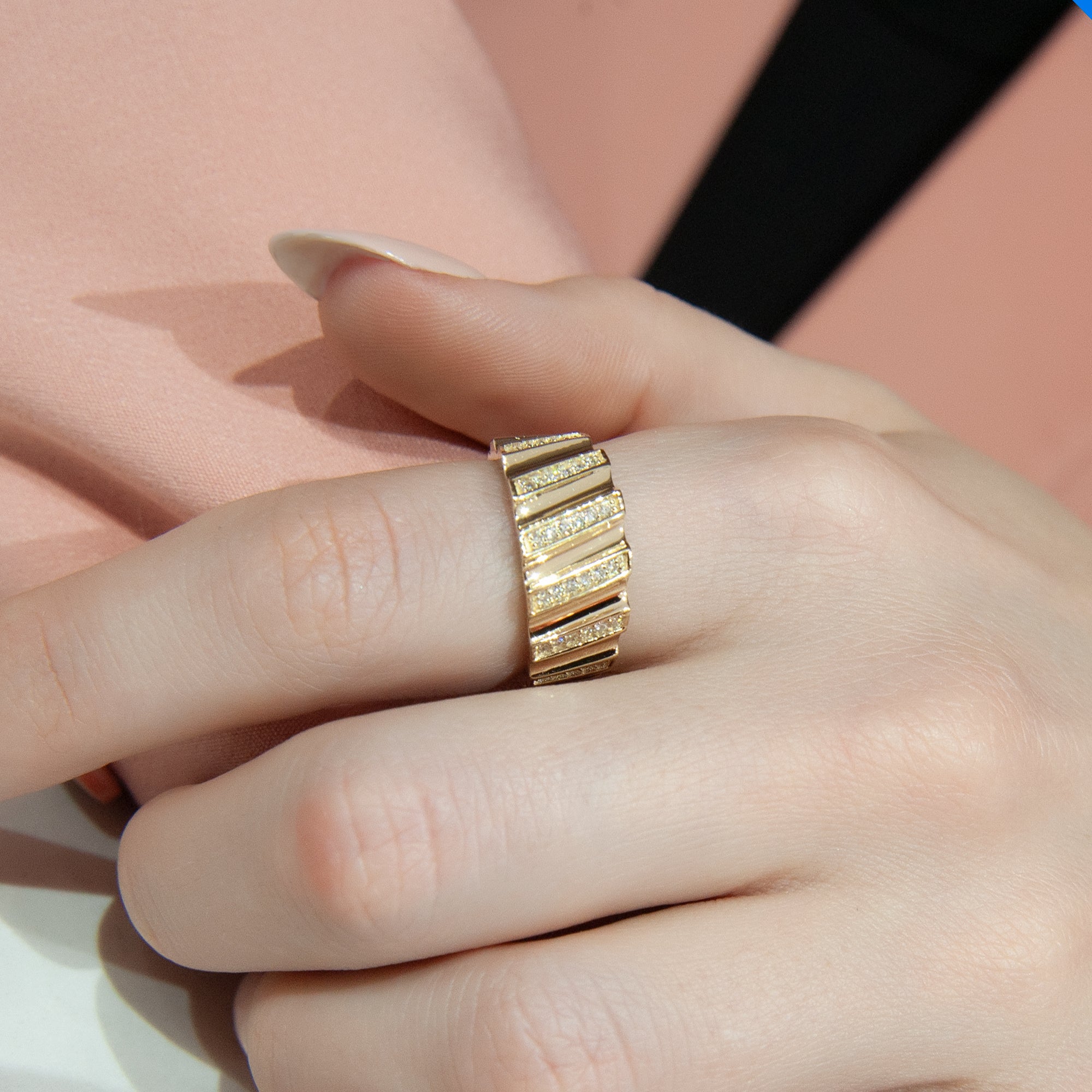14K Gold Ribbed Diamond Band Ring, Anniversary Gift