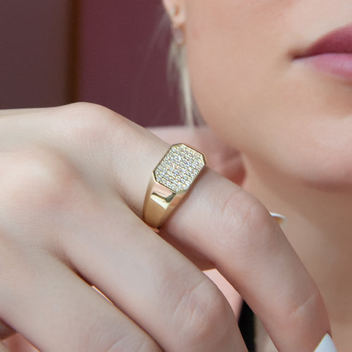 14K Gold Hexagonal Diamond Pave Ring