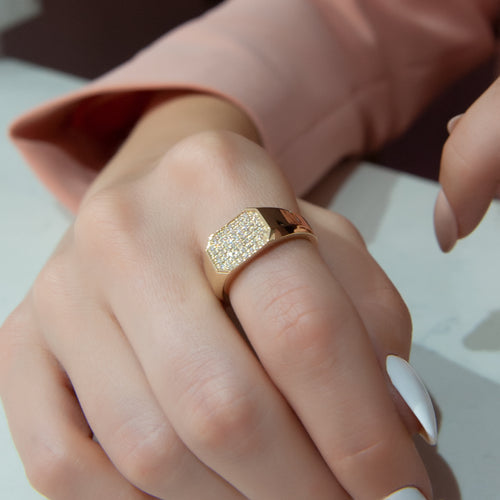 14K Gold Hexagonal Diamond Pave Ring