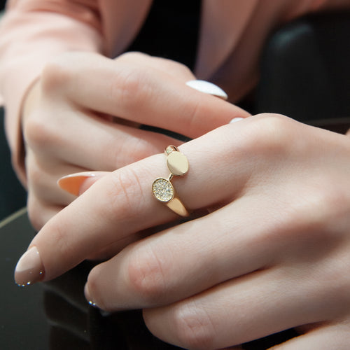 Unique Open Design Gold Ring with Mother of Pearl and Diamond Accents