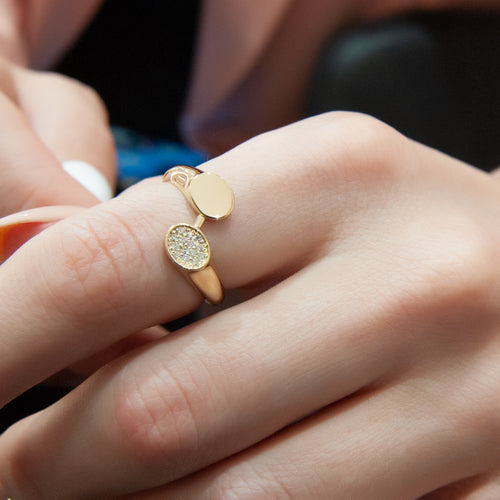 Unique Open Design Gold Ring with Mother of Pearl and Diamond Accents