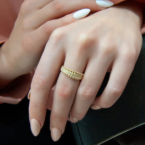 14K Gold Beaded Diamond Band Ring