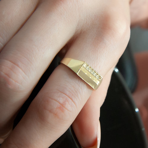 14K Gold Bar Diamond Ring, Sleek Modern Gold Ring with Pave Diamond Row