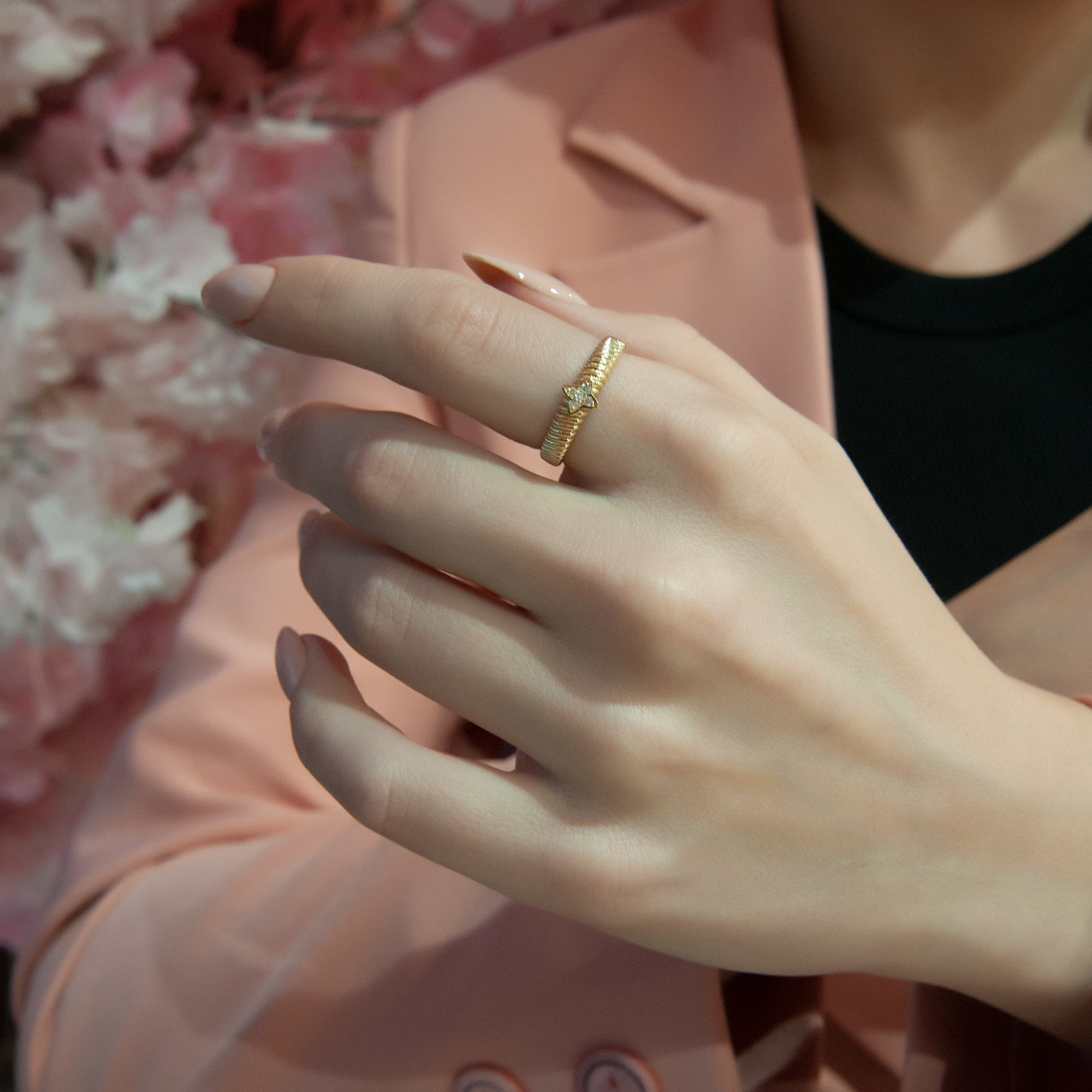 14K Gold Star Diamond Ring, Celestial Ribbed Band