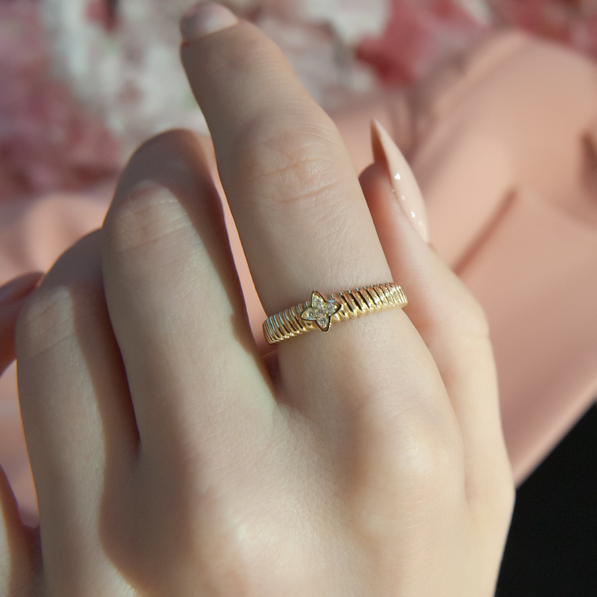14K Gold Star Diamond Ring, Celestial Ribbed Band