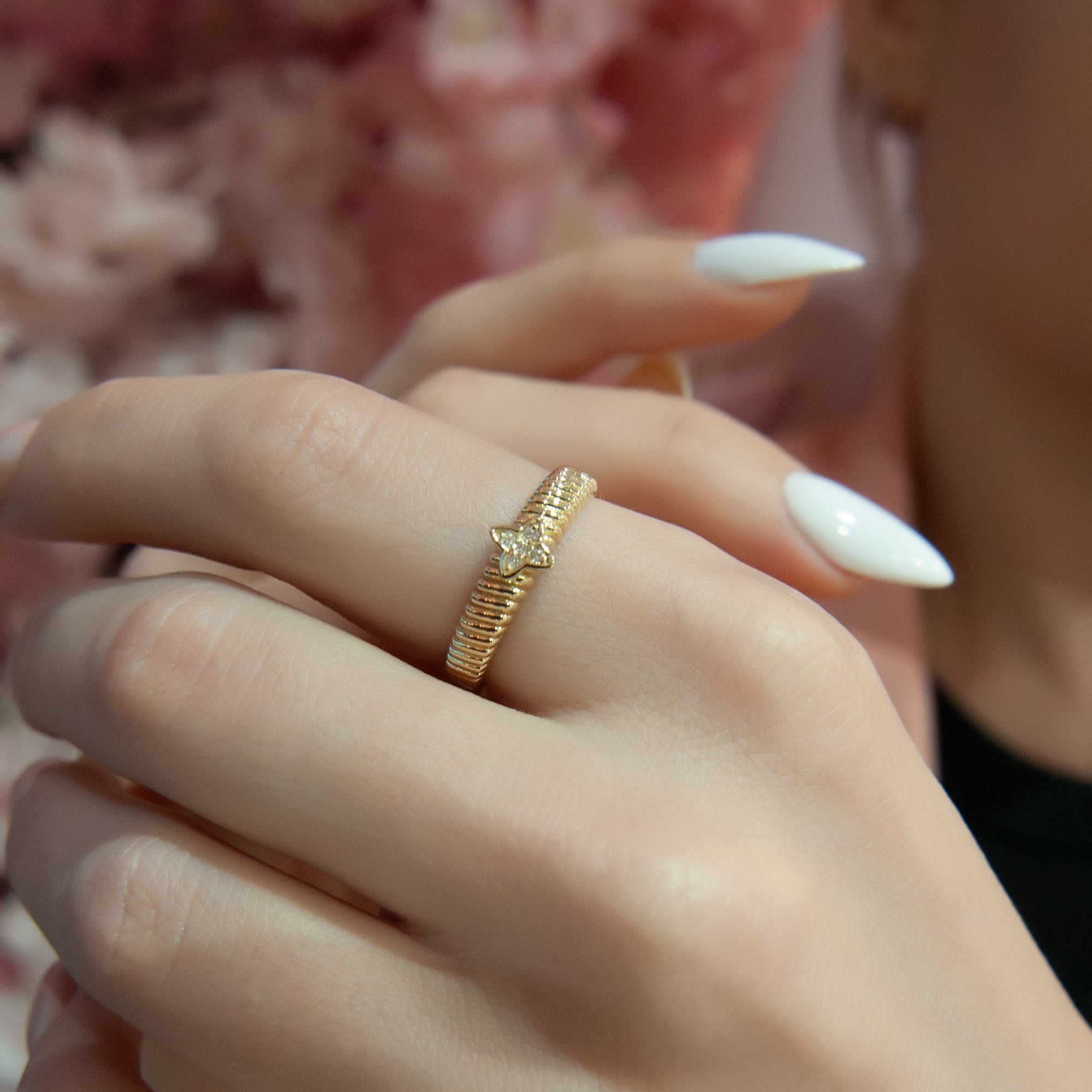 14K Gold Star Diamond Ring, Celestial Ribbed Band