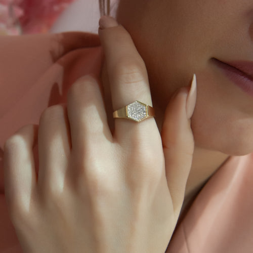 14K Gold Hexagon Diamond Ring