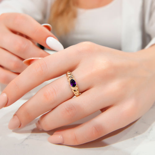 14K Solid Gold Ring, Purple Amethyst Stone