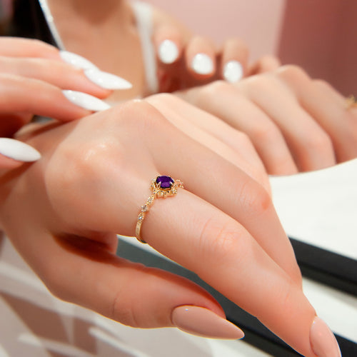 Exquisite Gold Ring with Round Blue Amethyst and Elegant Floral Design