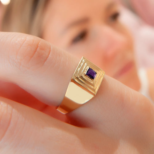 Geometric 14K Gold Amethyst Ring Square Purple Gemstone