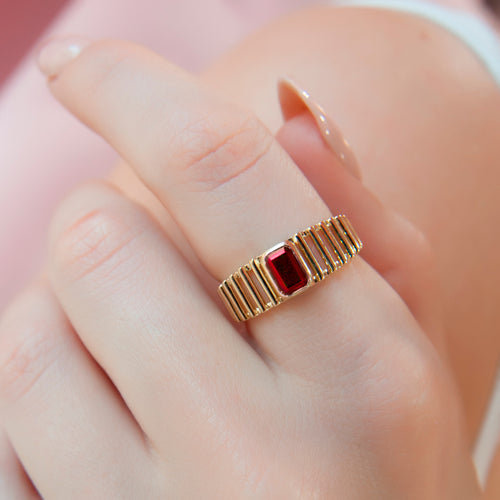 14K Gold Ruby Ring with Rectangular Ruby Gemstone and Unique Band Design