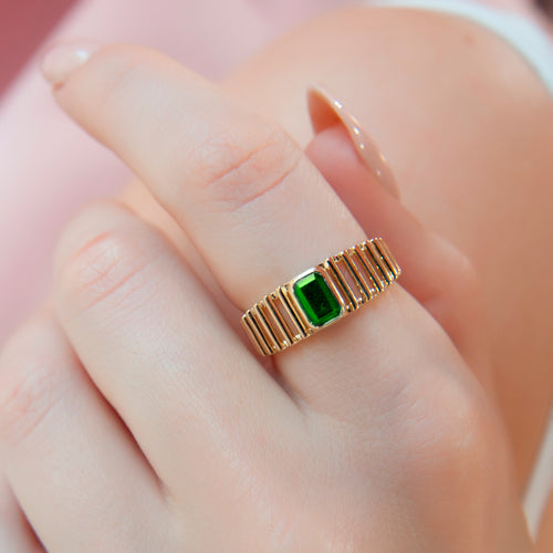 14K Gold Emerald Ring with Rectangular Emerald Gemstone and Unique Band Design