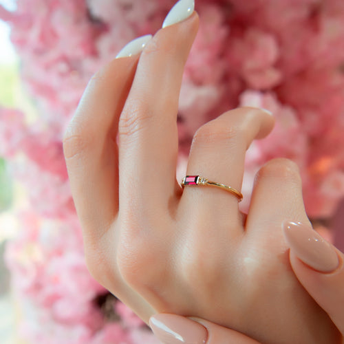 Baguette Ruby Ring with Diamond Side Stones