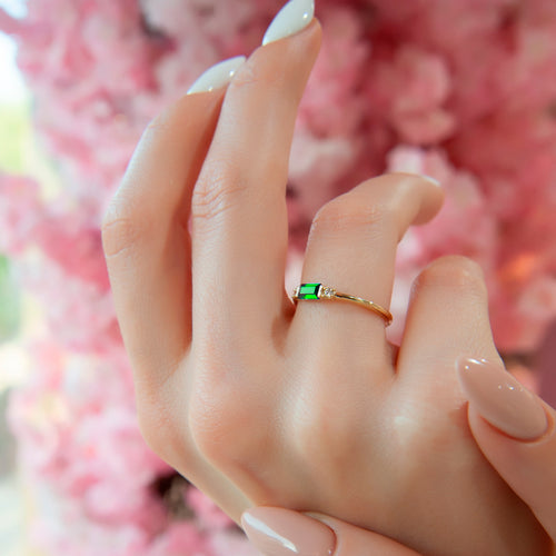 Baguette Emerald Ring with Diamond Side Stones