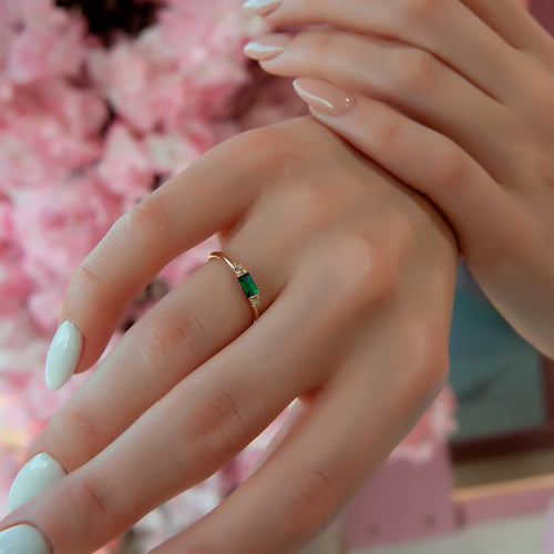 Baguette Emerald Ring with Diamond Side Stones