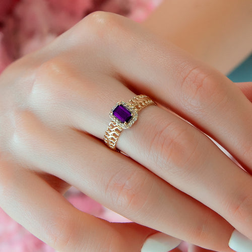 Stunning Gold Ring with Emerald Cut Purple Amethyst and Diamond Halo