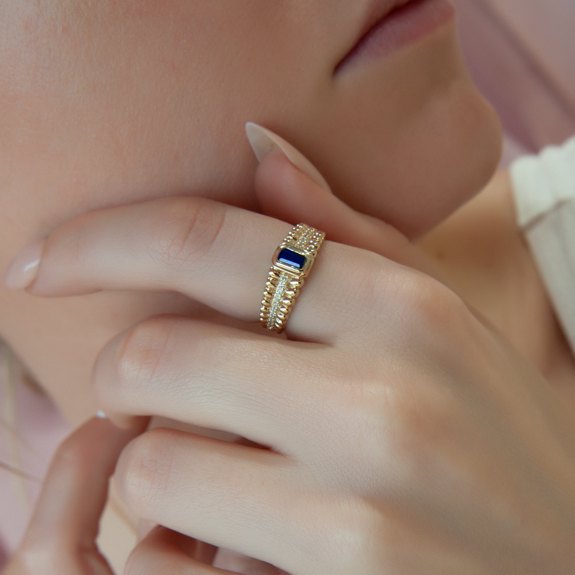 14K Gold Natural Sapphire Double Row Ring