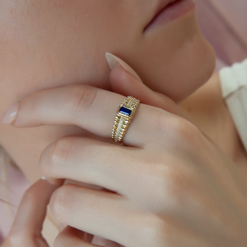 Textured 14K Gold Ring with Sapphire & Diamond Accents