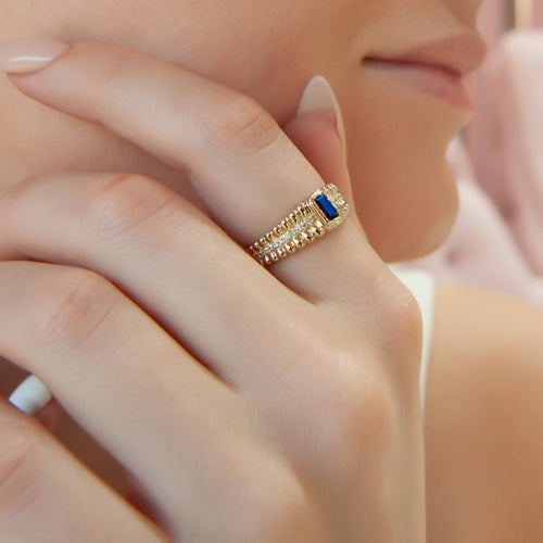 Textured 14K Gold Ring with Sapphire & Diamond Accents